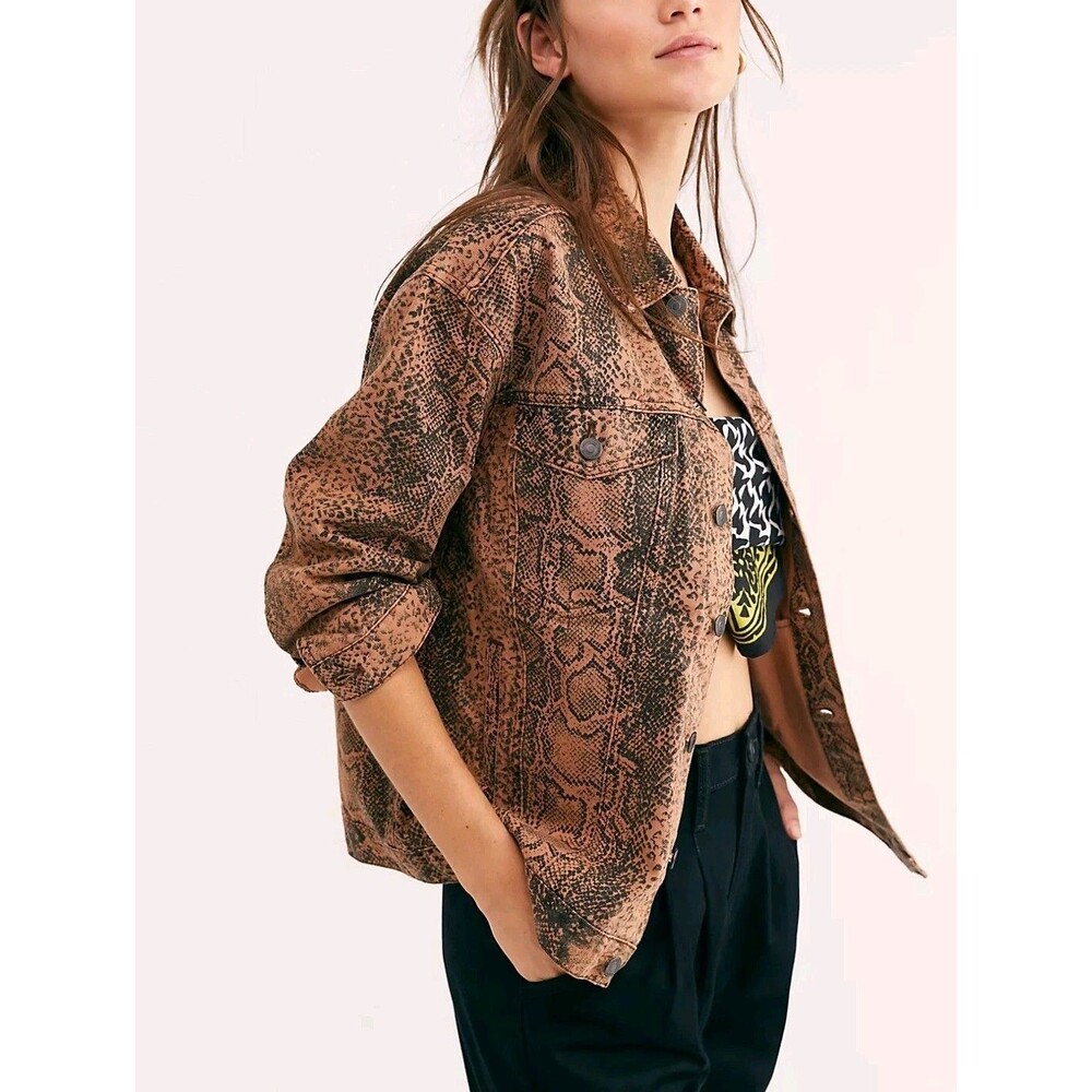 FREE PEOPLE Snake Trucker Jacket XS Brown Denim Cotton Animal Print Western Boho